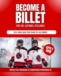 BILLET FAMILIES NEEDED 🏒

The Listowel Cyclones are looking for billet families in our community to open their homes to our players for the upcoming season. 🌪️

Billet families play a huge role in our team’s success by providing a safe, supportive “home away from home” for players while they pursue their hockey dreams. It’s a rewarding experience that builds lasting connections and makes a meaningful impact.

If you’re interested in becoming a billet family or want to learn more, please contact our Billet Coordinator, Sue Thompson, at sthompson4@wightman.ca.

Join the Cyclones family and help shape the next generation of players.