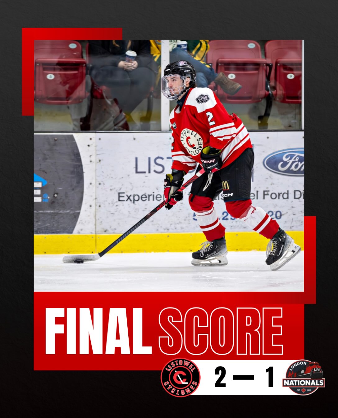 🏒 FINAL SCORE: Cyclones WIN! 🌪️

The Listowel Cyclones take down the London Nationals 2–1 tonight! 💪🔥

Catch the Cyclones back at home this Friday!