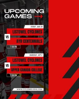 PRE-SEASON HOCKEY IS BACK!
The Listowel Cyclones are hitting the ice for two upcoming pre-season games at home! 🔥
📅 Friday, August 28
🆚 Ayr Centennials
⏰ 7:30 PM
📍 Steve Kerr Memorial Complex
📅 Thursday, September 3
🆚 Upper Canada College
⏰ 7:30 PM
📍 Steve Kerr Memorial Complex
Come out and catch the Cyclones in action before the regular season gets underway!