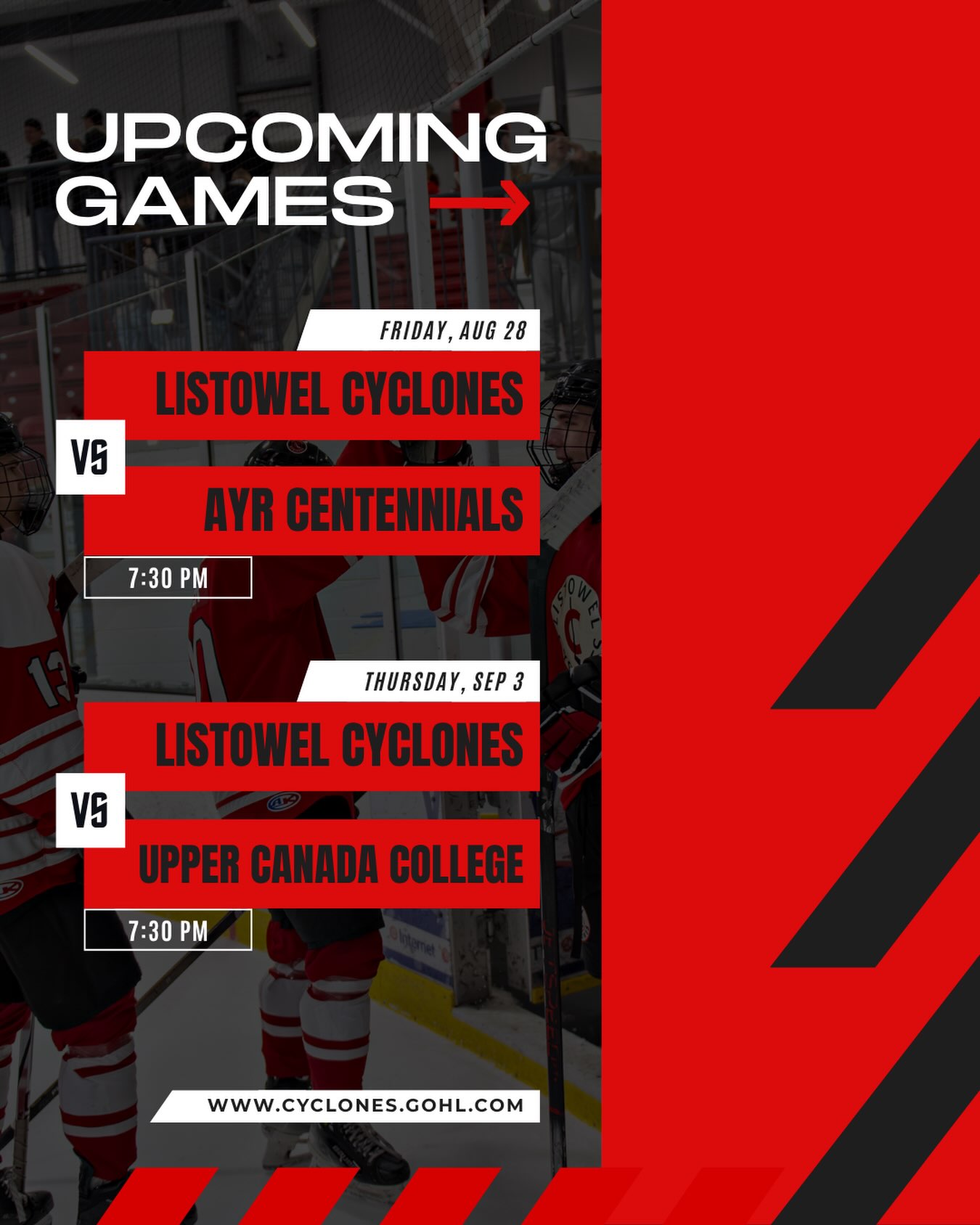 PRE-SEASON HOCKEY IS BACK!
The Listowel Cyclones are hitting the ice for two upcoming pre-season games at home! 🔥
📅 Friday, August 28
🆚 Ayr Centennials
⏰ 7:30 PM
📍 Steve Kerr Memorial Complex
📅 Thursday, September 3
🆚 Upper Canada College
⏰ 7:30 PM
📍 Steve Kerr Memorial Complex
Come out and catch the Cyclones in action before the regular season gets underway!