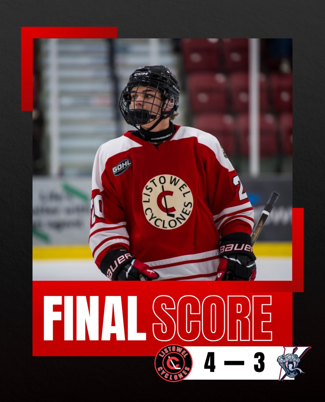 The Listowel Cyclones are bringing home the W! 🏒🔥
Your Cyclones battled hard tonight on the road against the Vipers, coming away with a 4-3 WIN! 💪

🎩 HAT TRICK ALERT! 🎩

A huge shoutout to Thomas Paleczny for lighting the lamp THREE times tonight! 🔥🚨