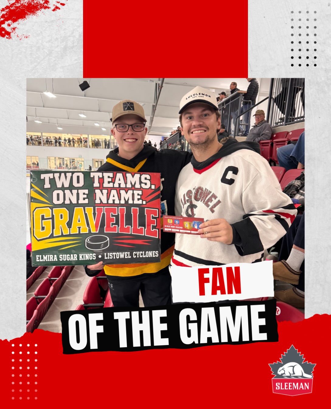 Congratulations to our latest Sleeman Fan of the Game! 🙌 Thanks for bringing the energy and showing your Cyclones pride in the stands!
A big thank-you to Sleeman for sponsoring Fan of the Game and helping us celebrate the amazing fans who make Listowel Cyclones hockey so special! ❤️🖤